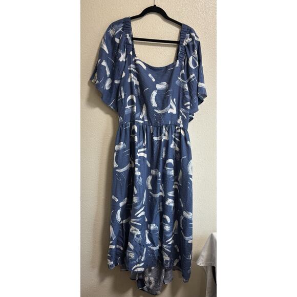 A New Day Plus Size 2X Blue and White Flutter Sleeve Tie Back Midi Dress Linen - Picture 1 of 8